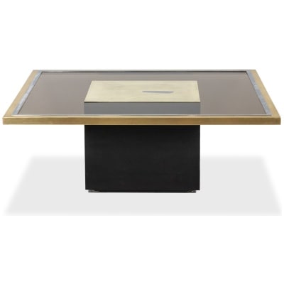 Coffee table in gilded brass and smoked glass. 1970s.