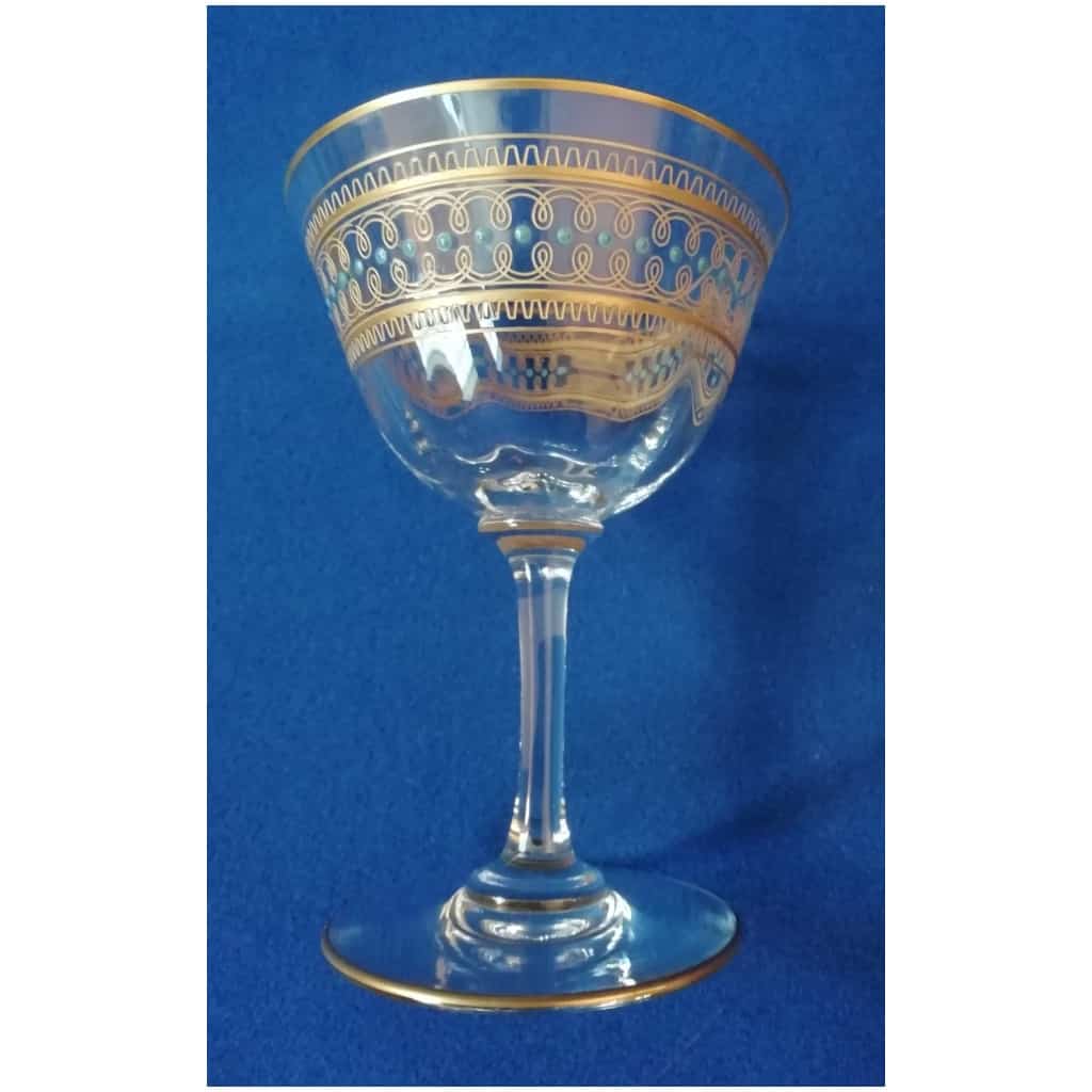 12 GLASSES or small Champagne glasses IN OLD SAINT LOUIS CRYSTAL gilded with fine gold and blue enameled. very nice model 3