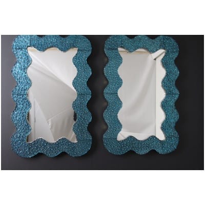 Large turquoise blue worked Murano glass mirrors in the shape of waves 3