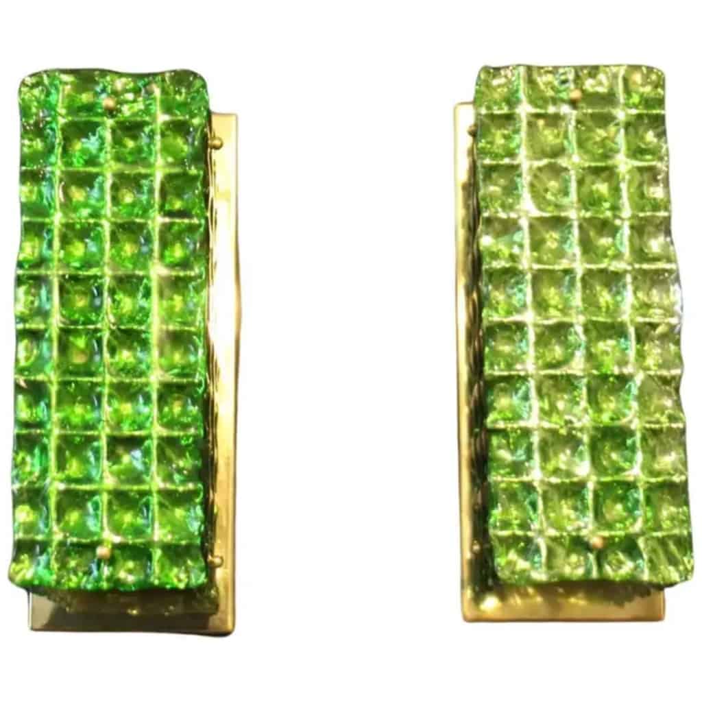 Pair of emerald green ornate Murano glass sconces, Mazzega 3 style