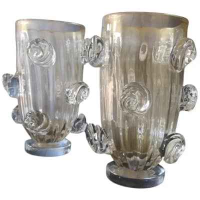 Pair of large gilded Murano glass vases decorated with roses by Costantini