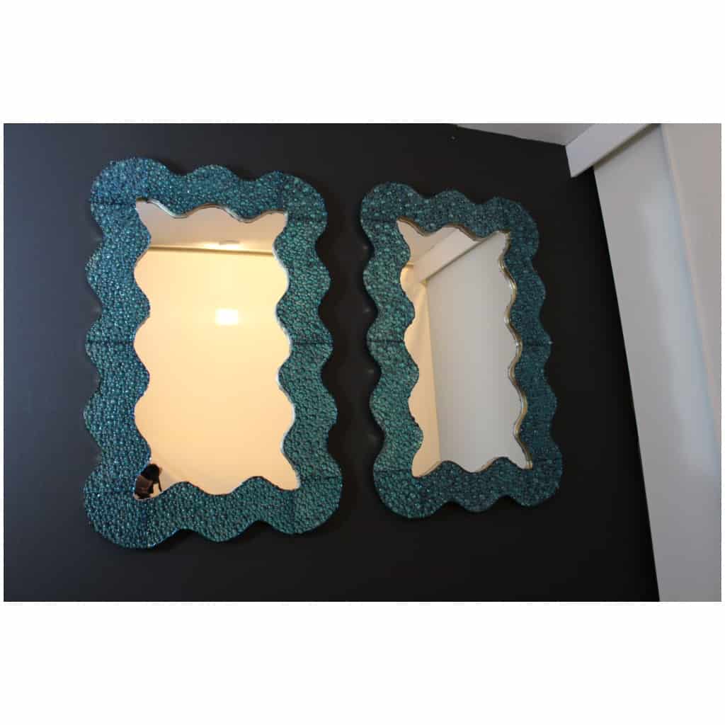 Large turquoise blue worked Murano glass mirrors in the shape of waves 11