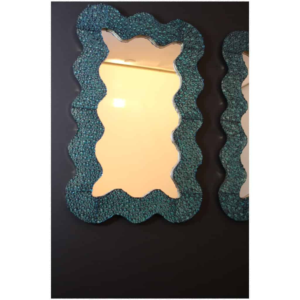 Large turquoise blue worked Murano glass mirrors in the shape of waves 10