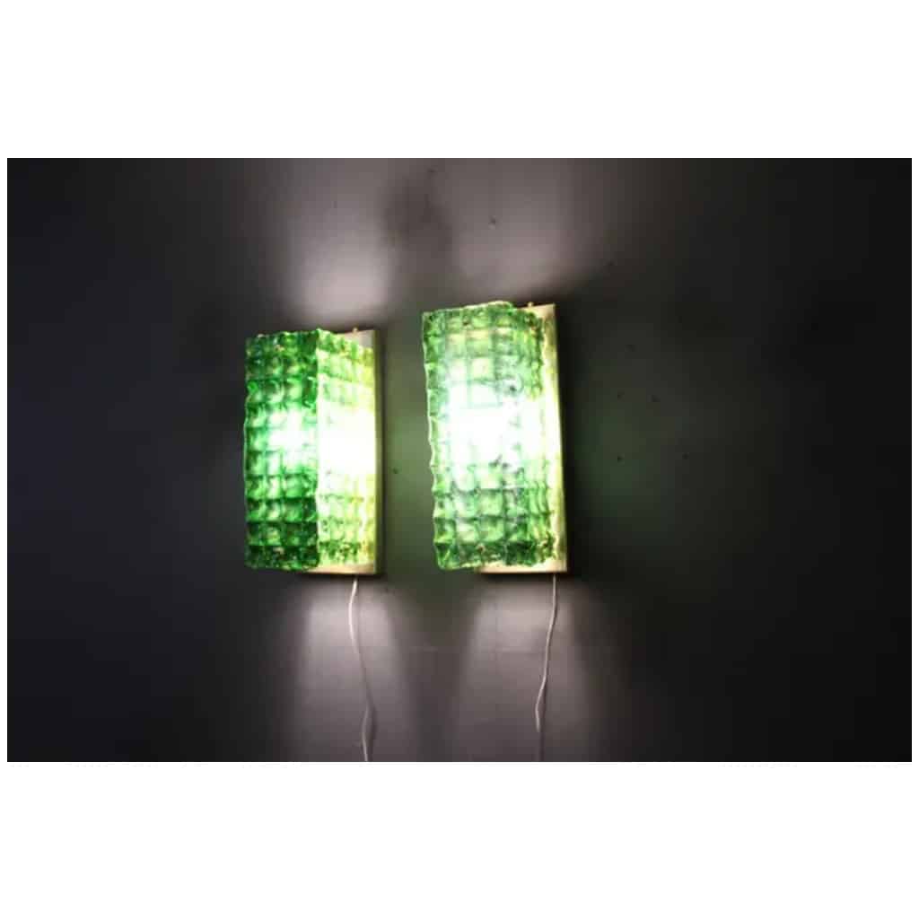 Pair of emerald green ornate Murano glass sconces, Mazzega 15 style