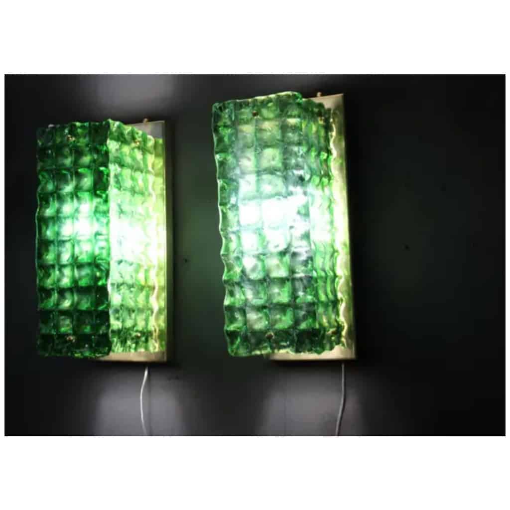 Pair of emerald green ornate Murano glass sconces, Mazzega 16 style