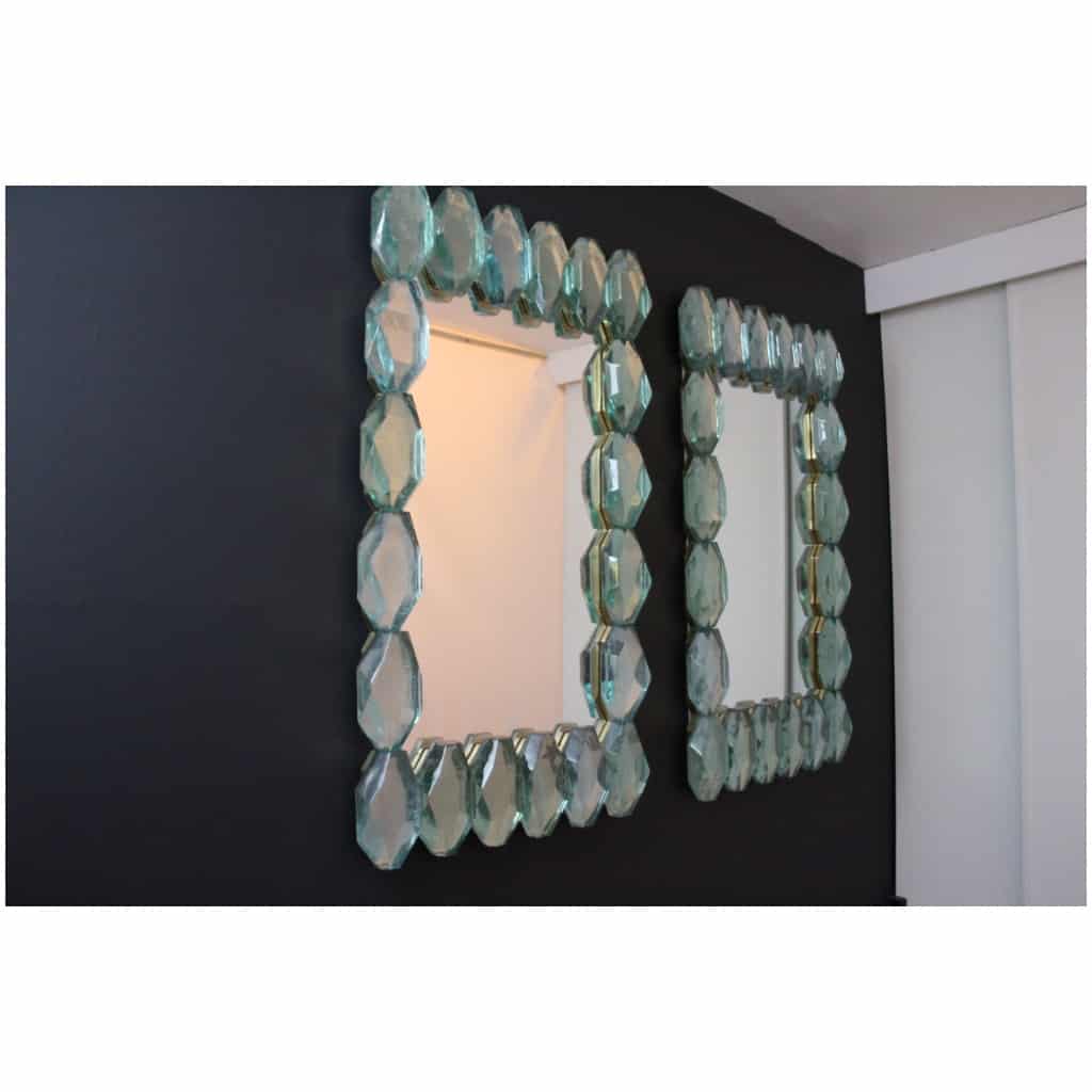 Grands miroirs en bloc de verre de Murano vert d’eau, taillé en facettes 18