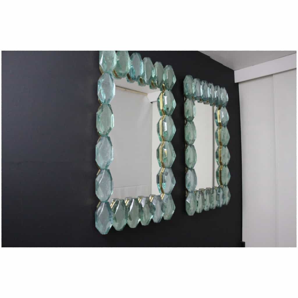 Grands miroirs en bloc de verre de Murano vert d’eau, taillé en facettes 17