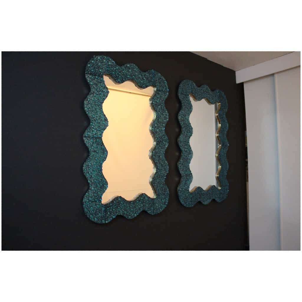 Large turquoise blue worked Murano glass mirrors in the shape of waves 6