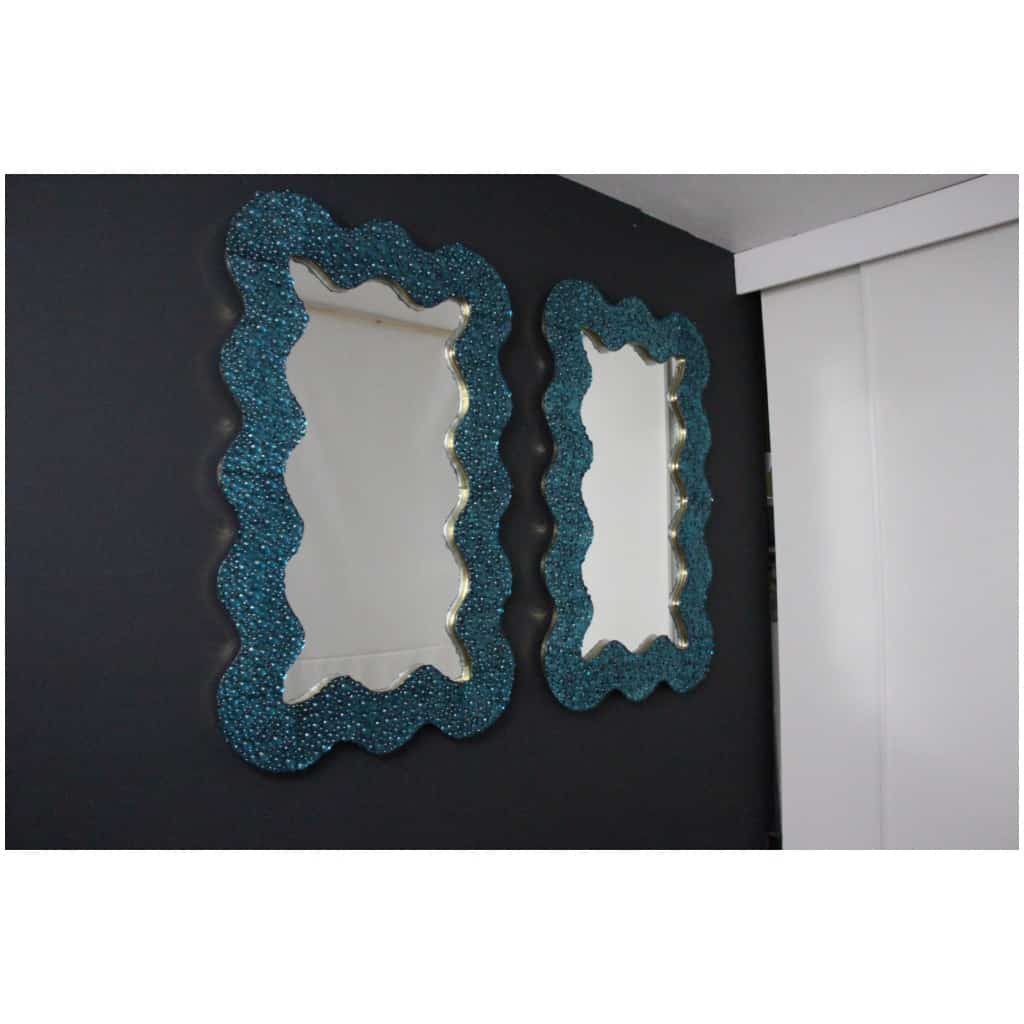 Large turquoise blue worked Murano glass mirrors in the shape of waves 5