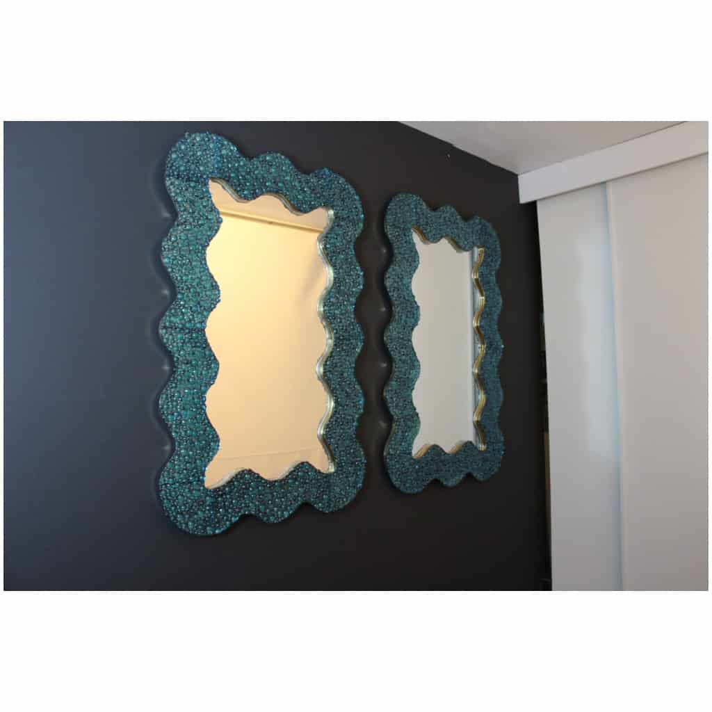 Large turquoise blue worked Murano glass mirrors in the shape of waves 4