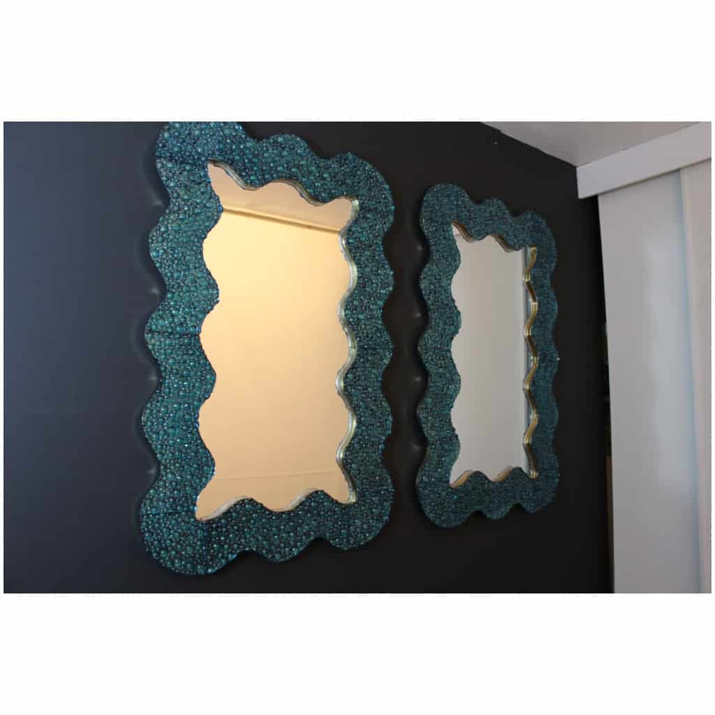 Large turquoise blue worked Murano glass mirrors in the shape of waves 20