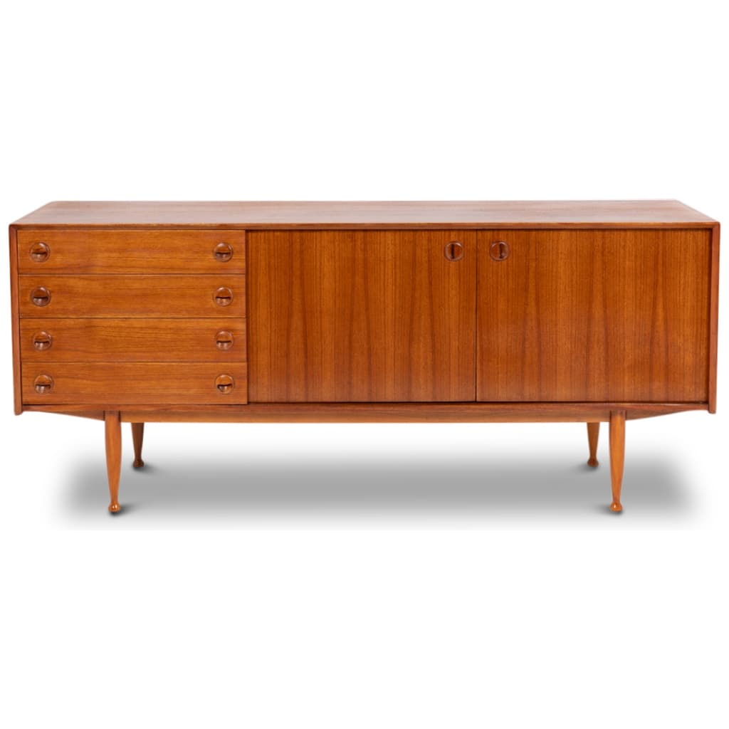 Teak sideboard, with four drawers and two doors. 20th century. 4