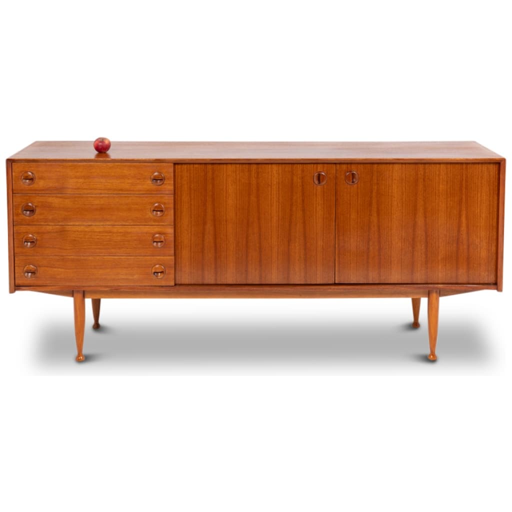Teak sideboard, with four drawers and two doors. 20th century. 6
