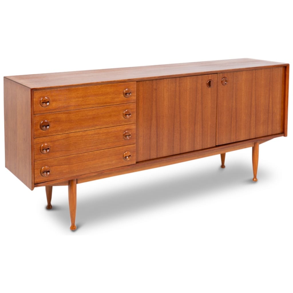Teak sideboard, with four drawers and two doors. 20th century. 3