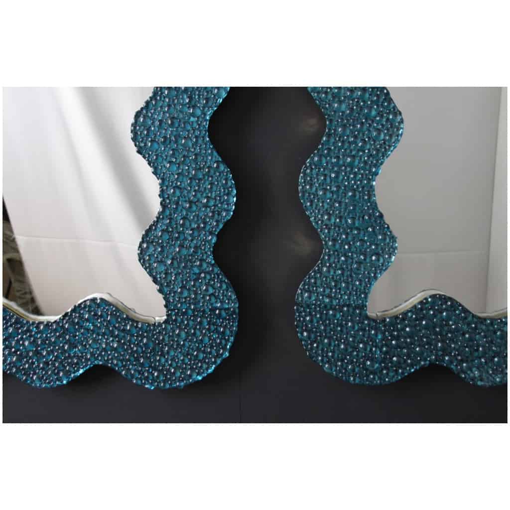 Large turquoise blue worked Murano glass mirrors in the shape of waves 24