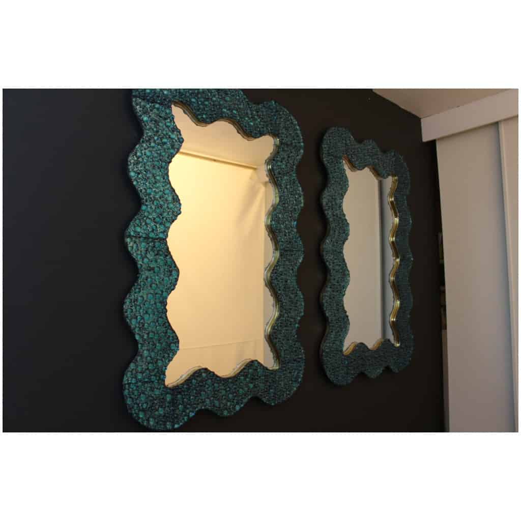 Large turquoise blue worked Murano glass mirrors in the shape of waves 18