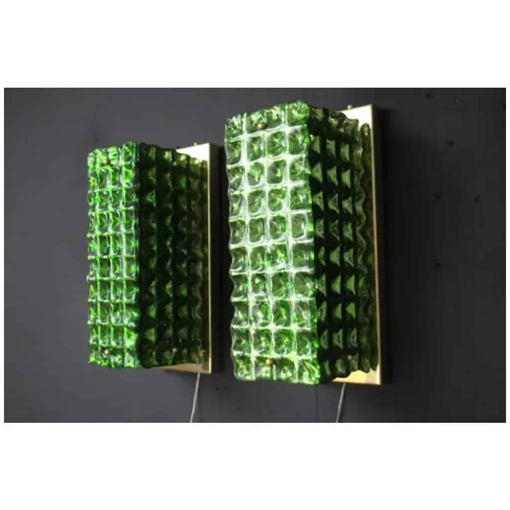 Pair of emerald green ornate Murano glass sconces, Mazzega 6 style