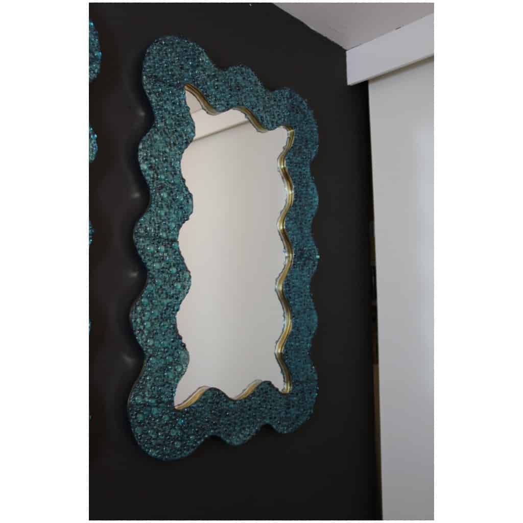 Large turquoise blue worked Murano glass mirrors in the shape of waves 17