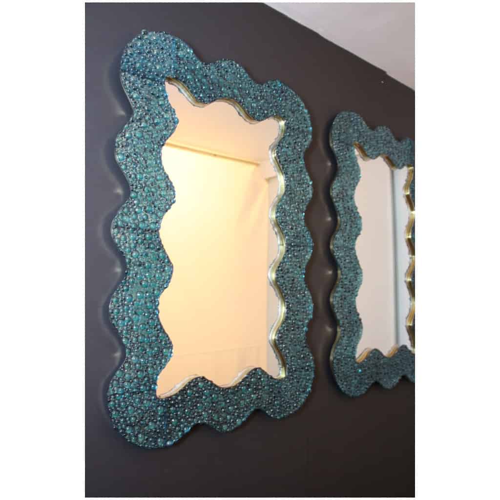 Large turquoise blue worked Murano glass mirrors in the shape of waves 16
