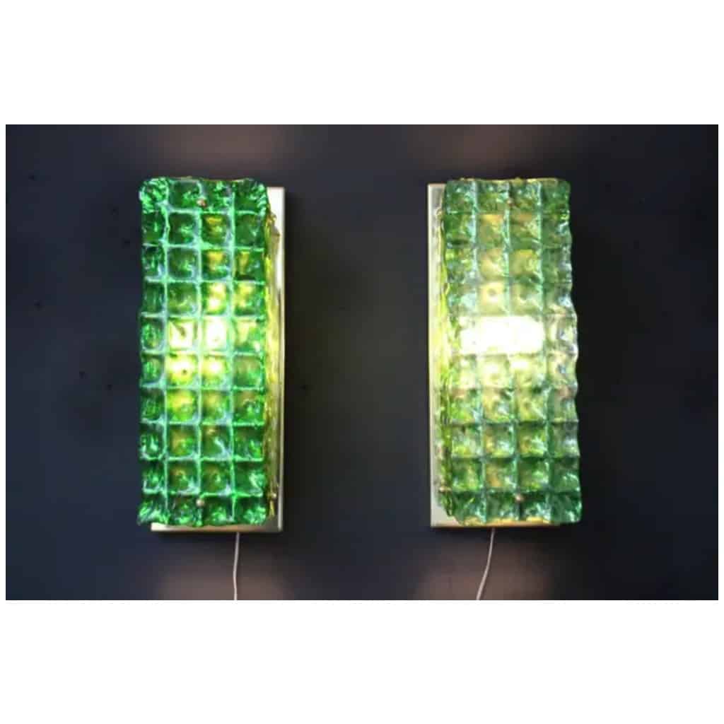 Pair of emerald green ornate Murano glass sconces, Mazzega 9 style