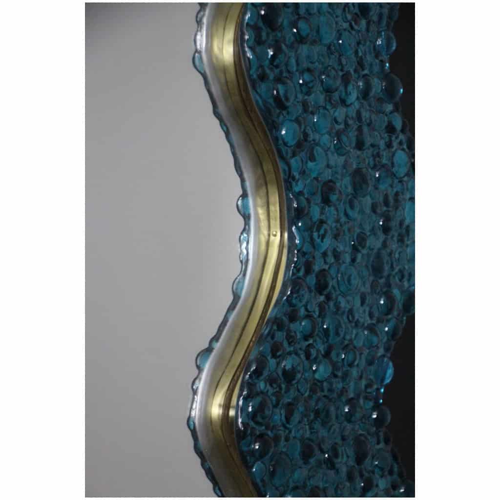 Large turquoise blue worked Murano glass mirrors in the shape of waves 14