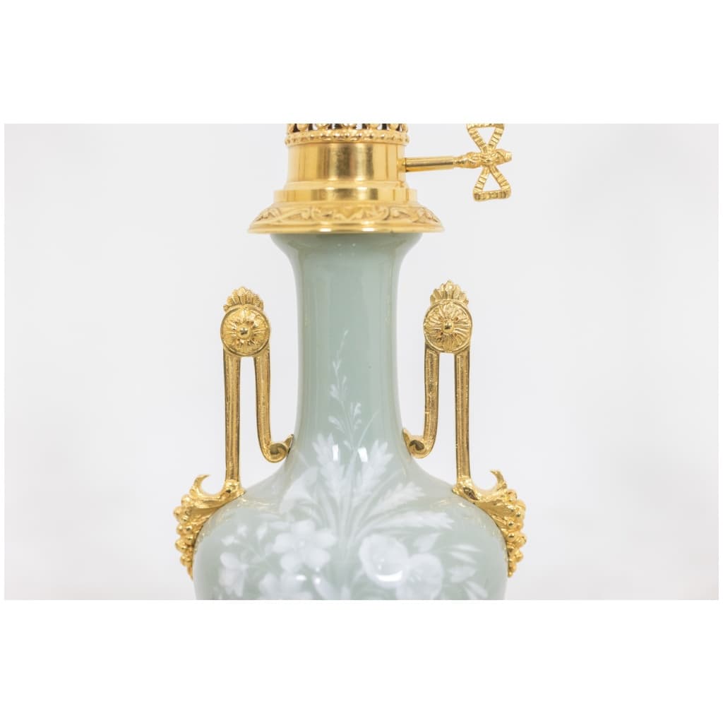 Pair of Celadon porcelain and gilded bronze lamps. Circa 1880. 7