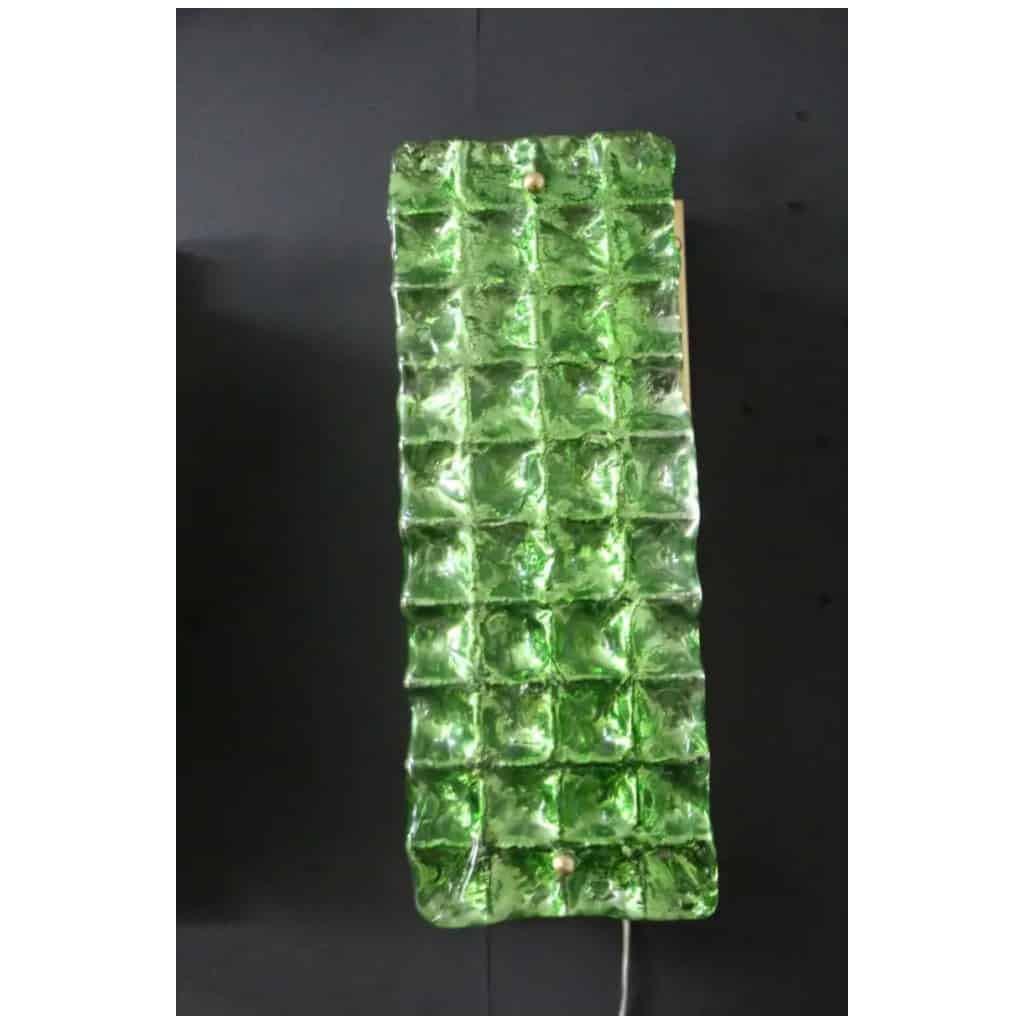 Pair of emerald green ornate Murano glass sconces, Mazzega 11 style