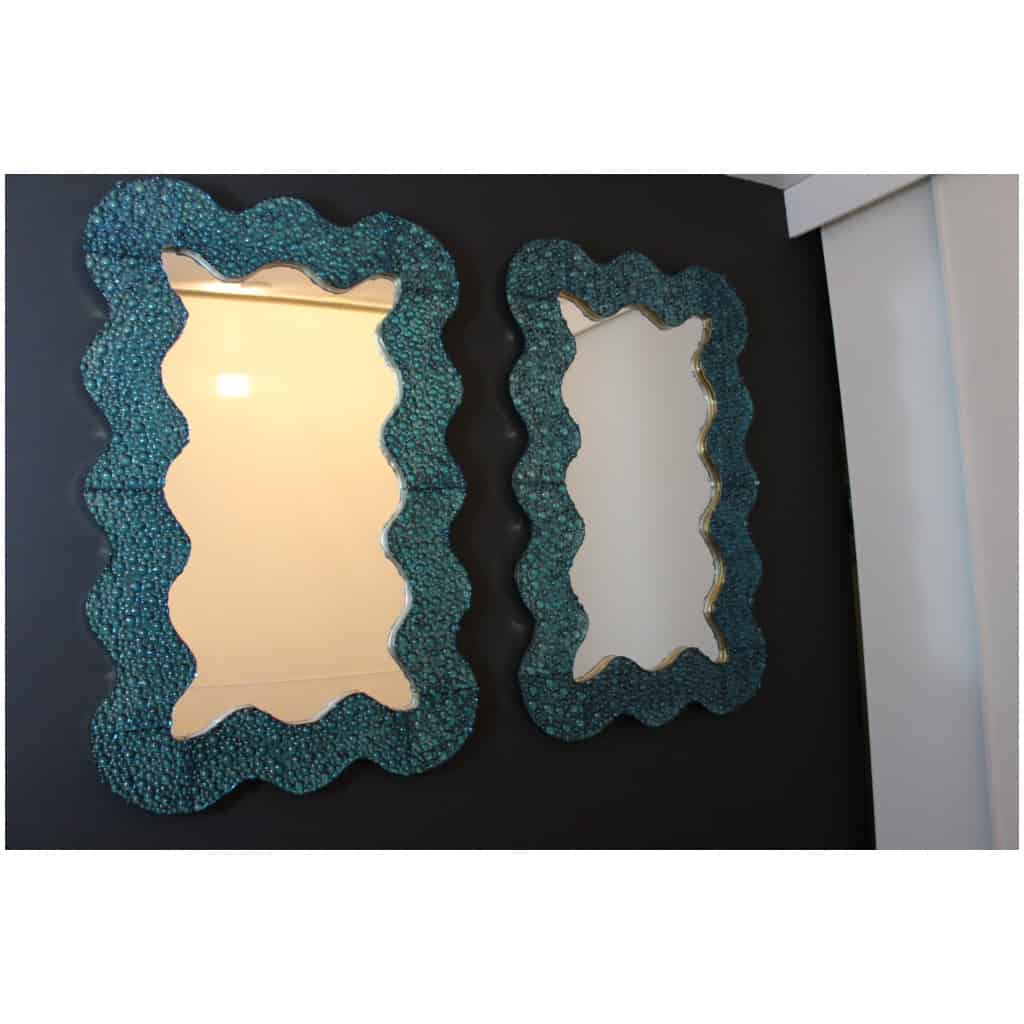 Large turquoise blue worked Murano glass mirrors in the shape of waves 12
