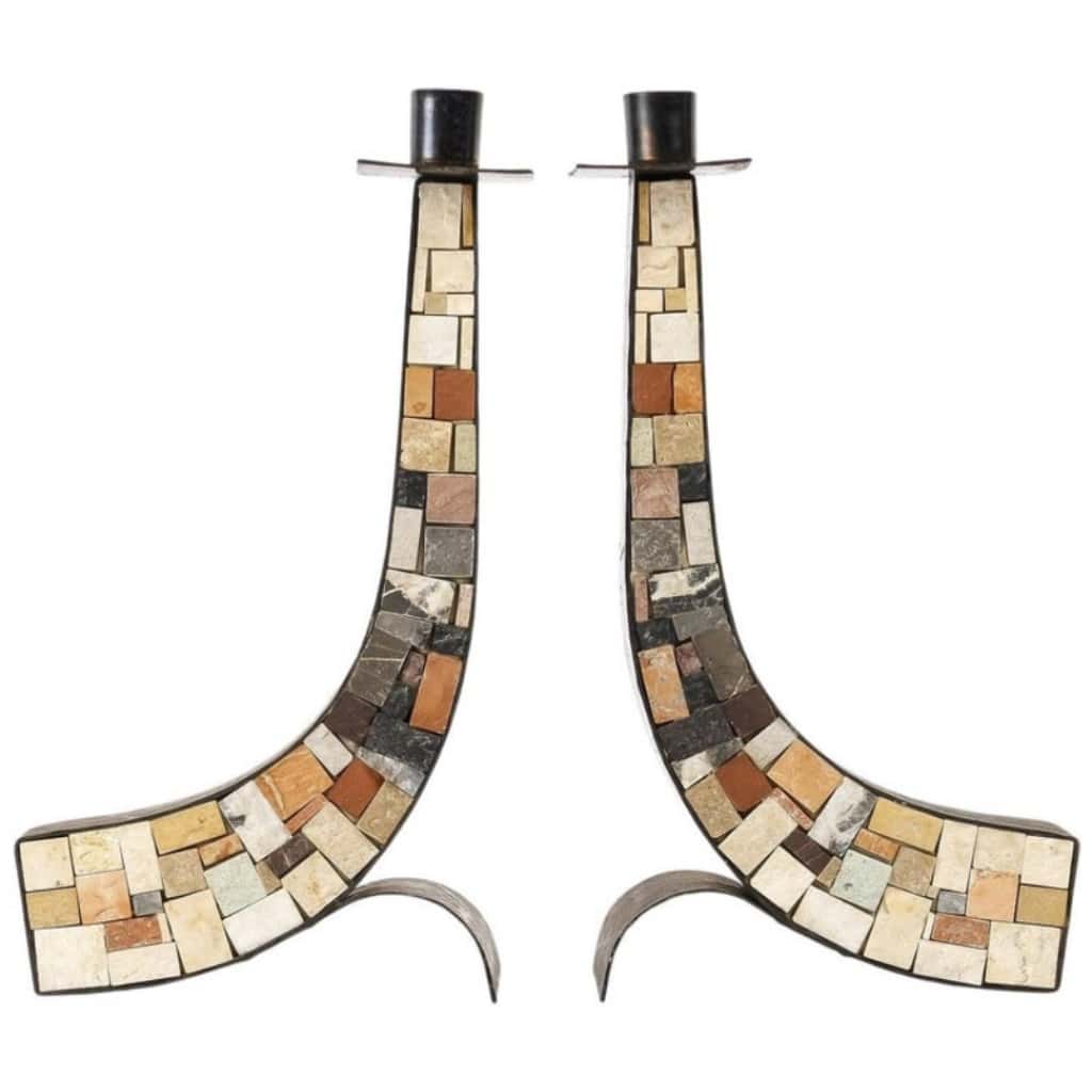 1960 Pair of mosaic candlesticks Atelier Vallauris 3