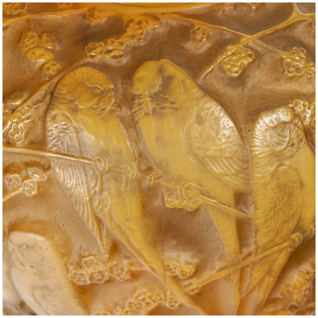 1919 René Lalique – Parakeets Vase Butterscotch Glass Sepia Patina 6