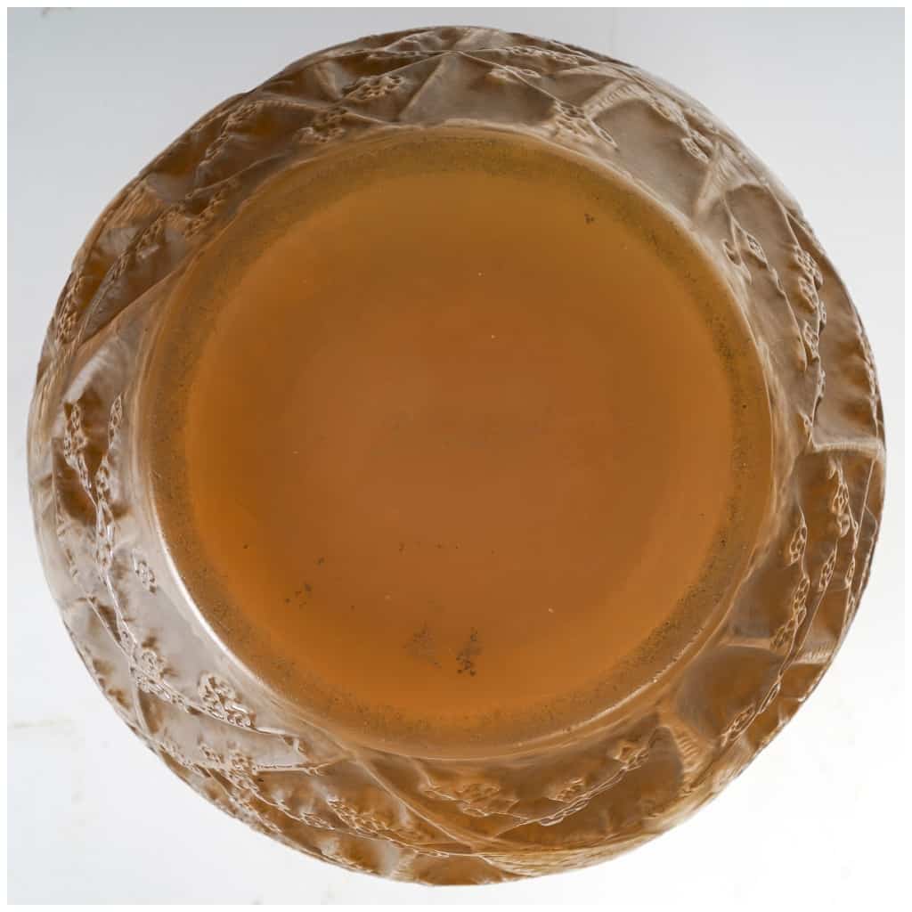 1919 René Lalique – Parakeets Vase Butterscotch Glass Sepia Patina 7