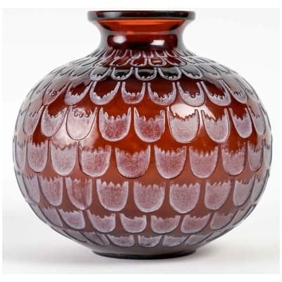 1930 René Lalique – Pomegranate Vase Amber Red Glass White Patina