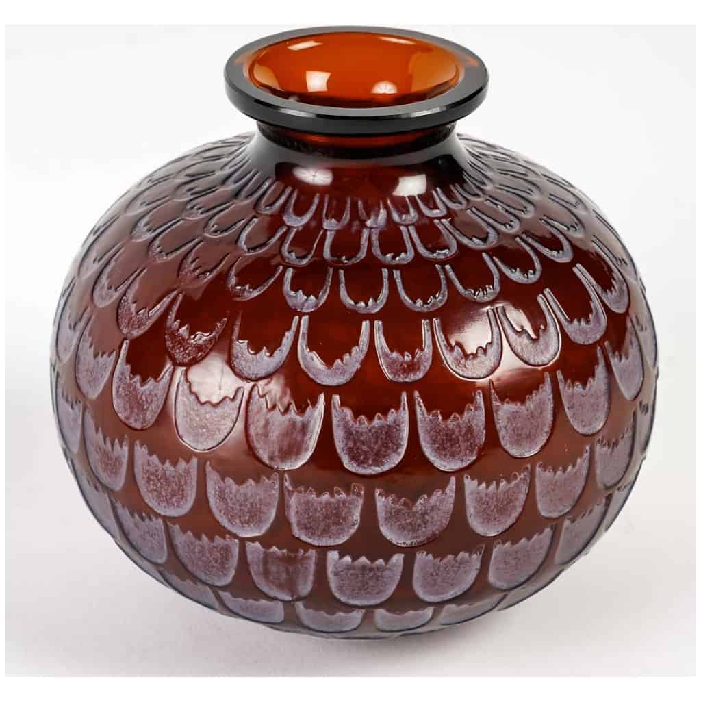 1930 René Lalique – Pomegranate Vase Amber Red Glass Patinated White 5