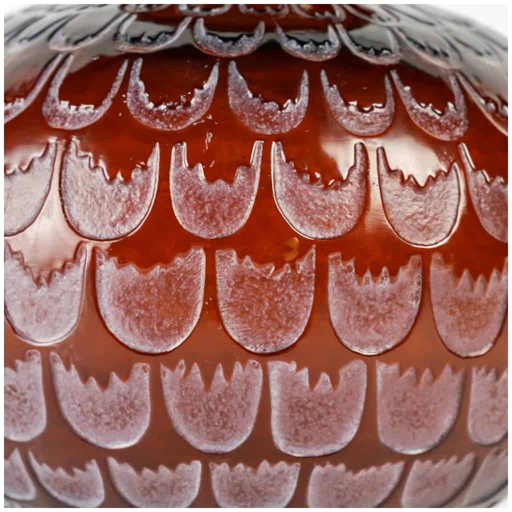 1930 René Lalique – Pomegranate Vase Amber Red Glass Patinated White 6