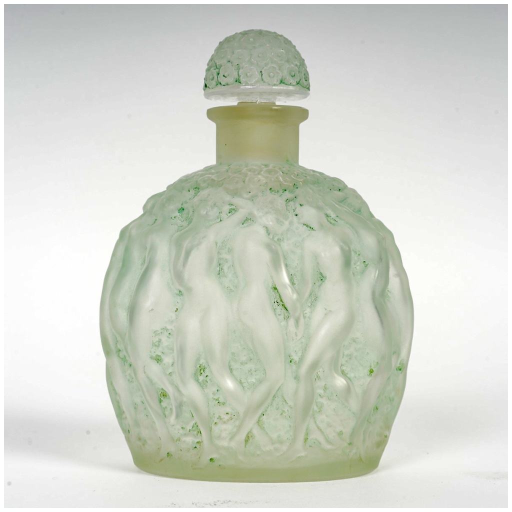 1937 René Lalique – Flacon Calendal Verre Blanc Patiné Vert Pour Molinard 4