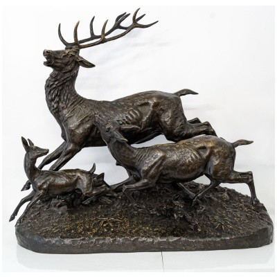 Sculpture - Bronze Group, Deer Family By Clovis - Edmond Masson (1838-1913)