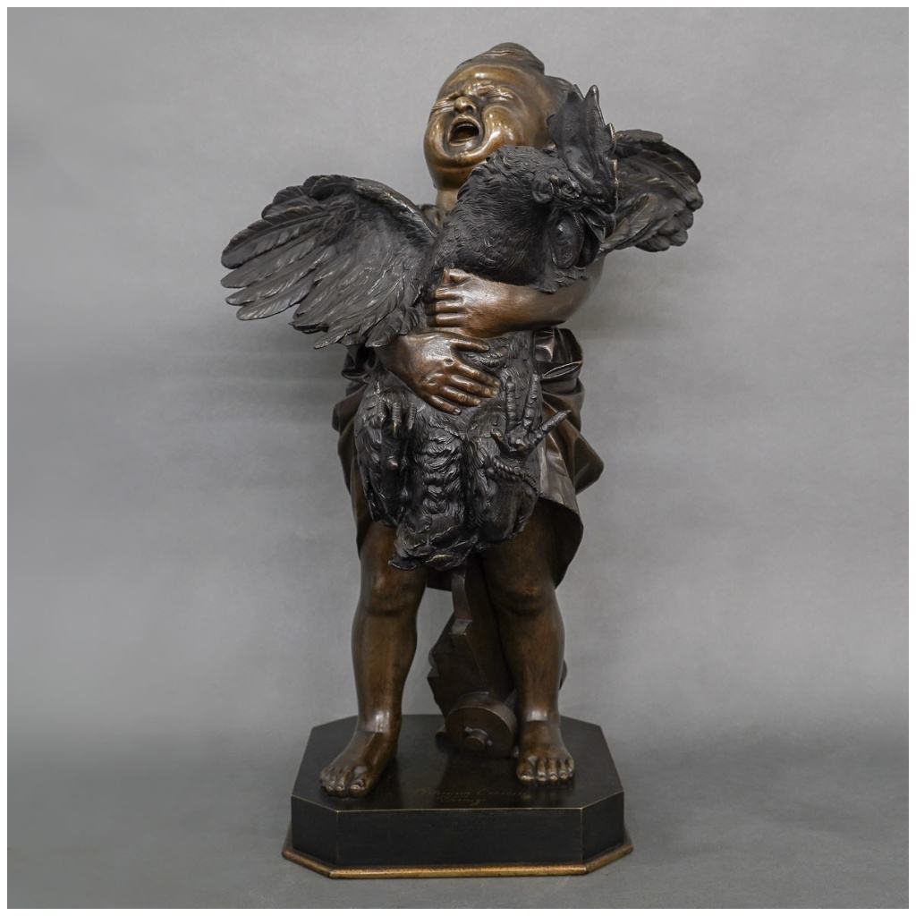 Sculpture – The Child With the Rooster, Adriano CECIONI (1838-1886) – Bronze 3