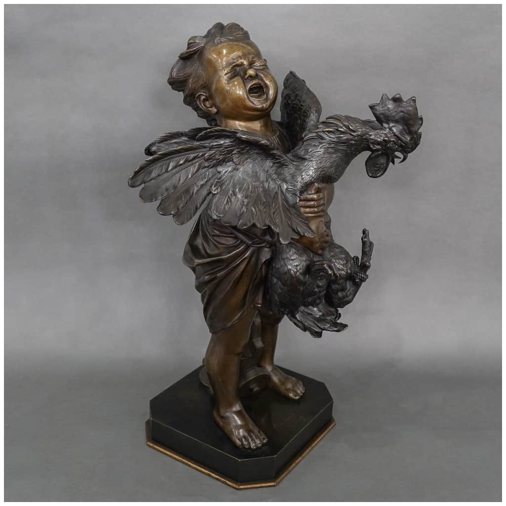 Sculpture – The Child With the Rooster, Adriano CECIONI (1838-1886) – Bronze 4