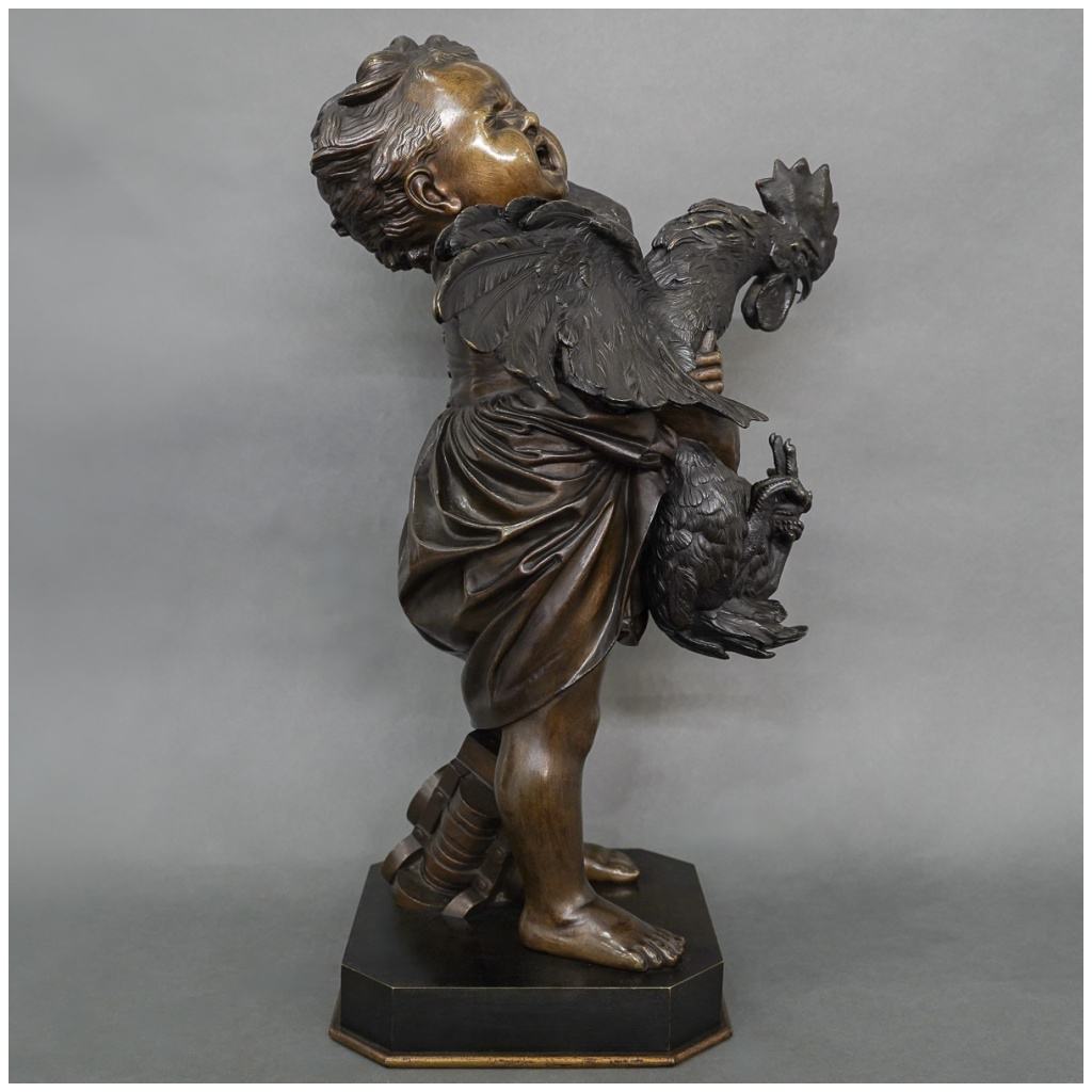 Sculpture – The Child With the Rooster, Adriano CECIONI (1838-1886) – Bronze 5