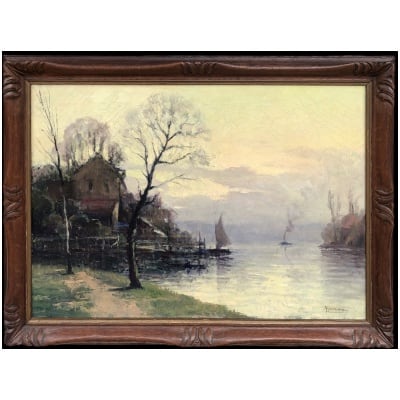 HENOCQUE Narcisse Painting 20th century The Banks of the Seine in Rouen Oil Canvas Signed Certificate of Authenticity