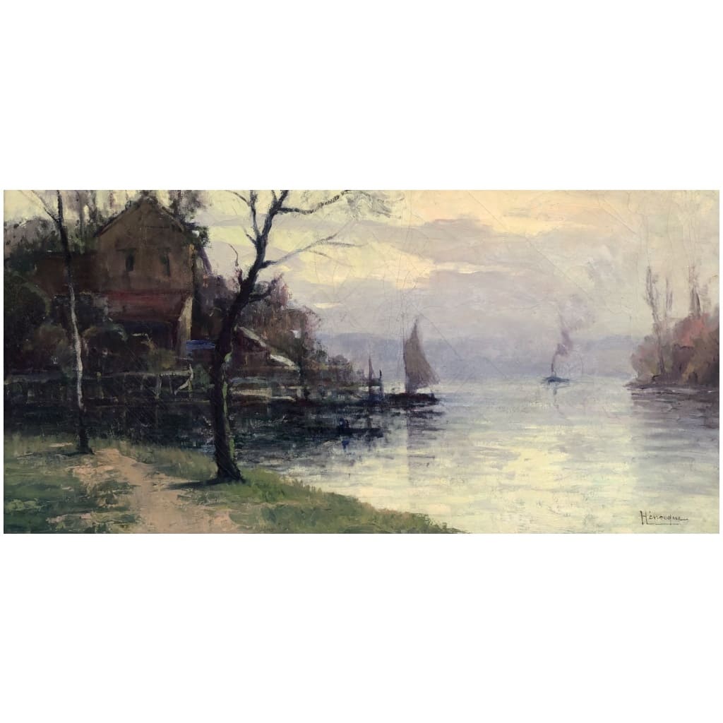HENOCQUE Narcisse Painting 20th century The Banks of the Seine in Rouen Oil Canvas Signed Certificate of Authenticity 9