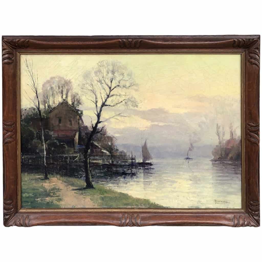 HENOCQUE Narcisse Painting 20th century The Banks of the Seine in Rouen Oil Canvas Signed Certificate of Authenticity 4