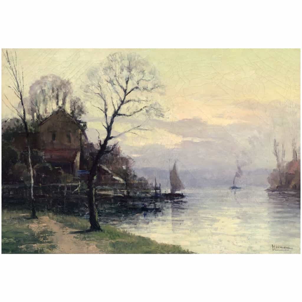 HENOCQUE Narcisse Painting 20th century The Banks of the Seine in Rouen Oil Canvas Signed Certificate of Authenticity 5