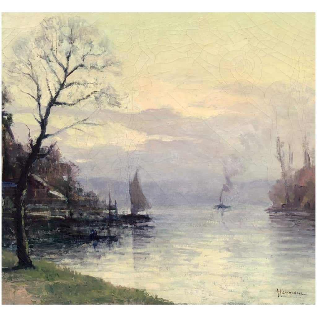 HENOCQUE Narcisse Painting 20th century The Banks of the Seine in Rouen Oil Canvas Signed Certificate of Authenticity 7