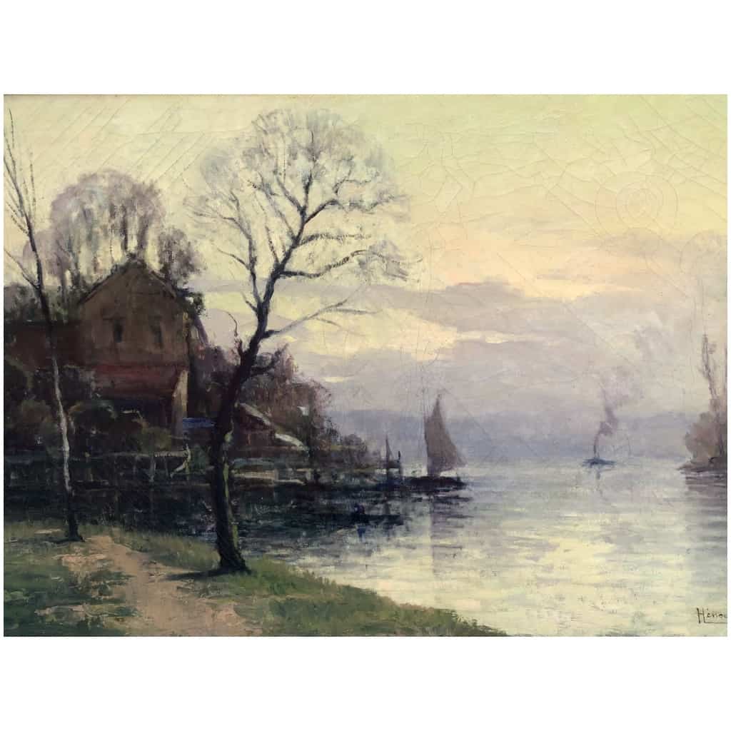 HENOCQUE Narcisse Painting 20th century The Banks of the Seine in Rouen Oil Canvas Signed Certificate of Authenticity 11