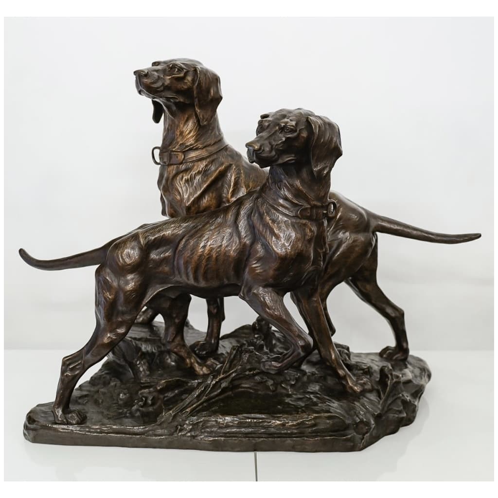 Bronze Group Of Two Hunting Dogs By Edouard Drouot (1859-1945) 3