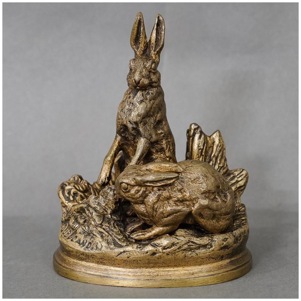 Sculpture – Couple De Lièvres , Alfred Dubucand (1828-1894) – Bronze 3