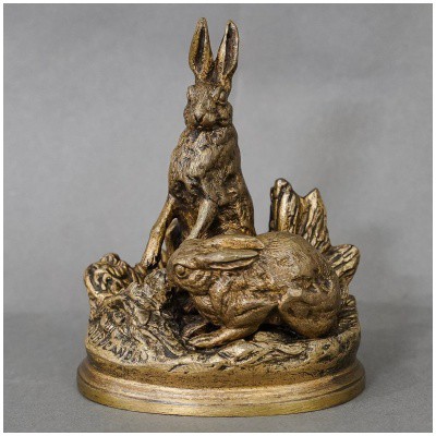 Sculpture – Couple Of Hares, Alfred Dubucand (1828-1894) – Bronze