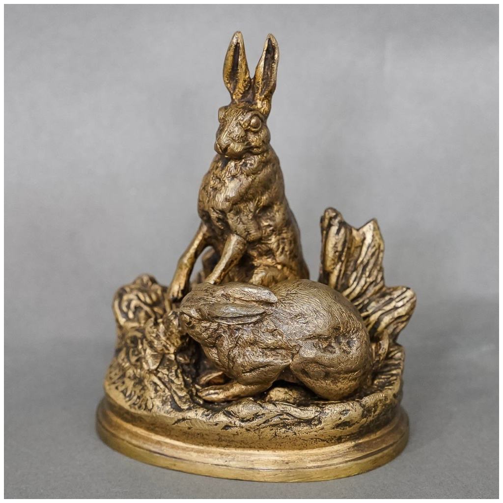 Sculpture – Couple De Lièvres , Alfred Dubucand (1828-1894) – Bronze 4
