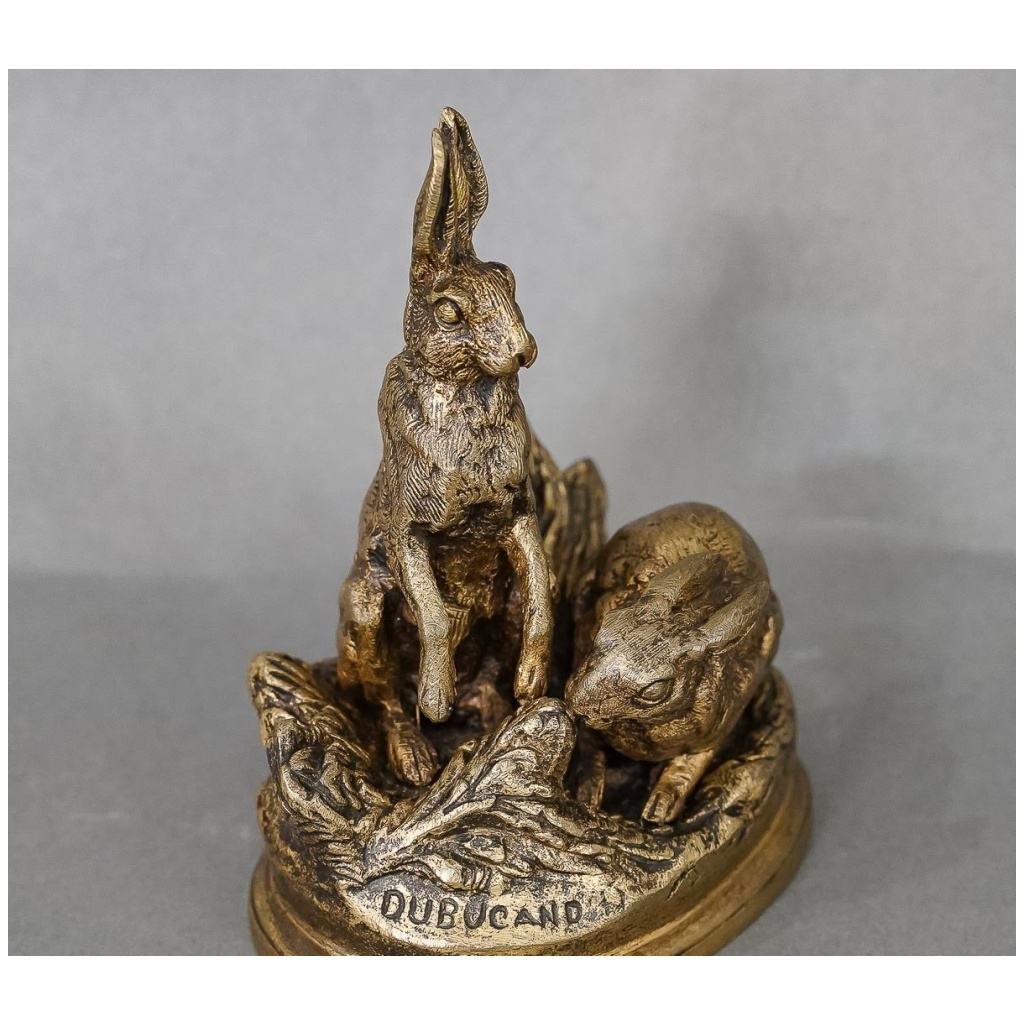 Sculpture – Couple De Lièvres , Alfred Dubucand (1828-1894) – Bronze 7